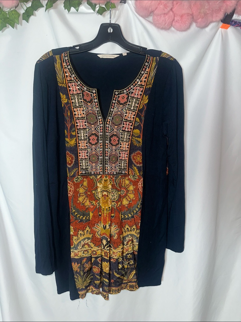 Soft Surroundings Navy Tunic with Rust and Pink Embroidered Panel